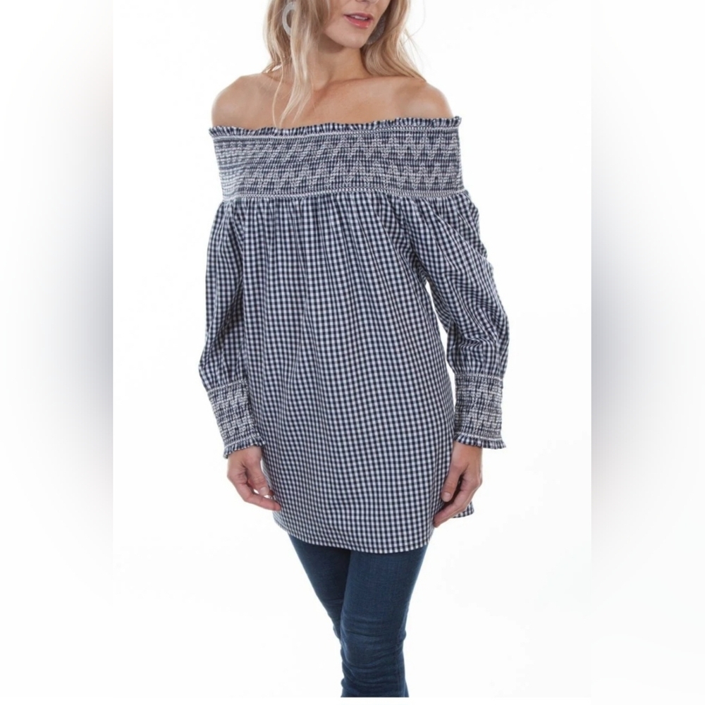 XL Kaktus Black/White 100% Cotton Gingham off-shoulder long Sleeve Tunic